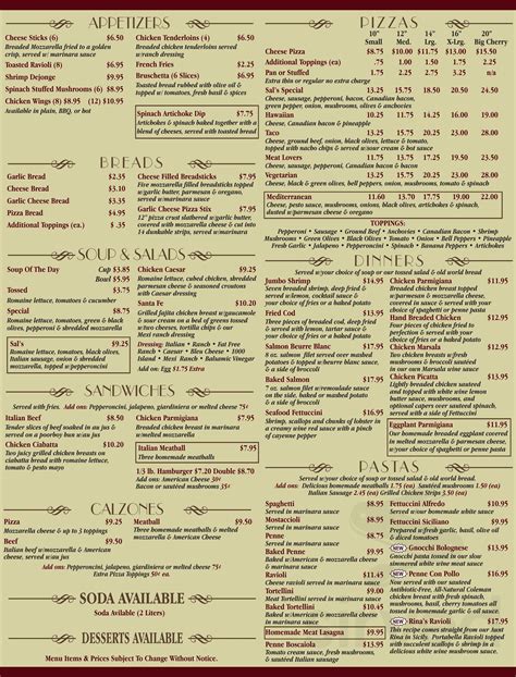 Salamone's menu  Check with this restaurant for current pricing and menu information