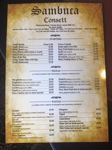 Sambucas consett menu  Consett Tourism Consett Accommodation Consett Bed and Breakfast Consett Holiday Rentals Consett Holiday Packages Consett Flights Sambuca;Quayside 57 - 60 Sandhill Quayside Watergate Building, NCL NE1 3RG Opening times Mon - Thurs: 12pm - 10pm Fri & Sat: 12pm - 10pm Sun: 12pm - 9pm 0191 261 7767