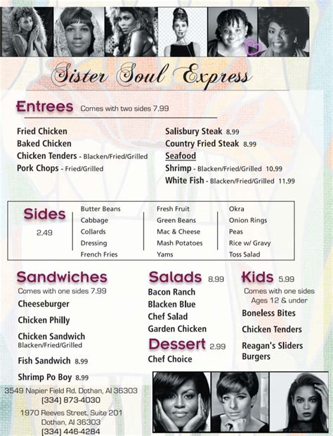 Sisters soul express menu Sisters Vegan Souls, 111 N Spring St, McMinnville, TN 37110, Mon - Closed, Tue - 11:00 am - 6:00 pm, Wed - 11:00 am - 6:00 pm, Thu - 11:00 am - 6:00 pm, Fri - 11:00 am - 6:00 pm, Sat - 11:00 am - 4:00 pm, Sun - Closed