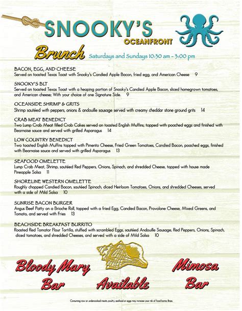 Snooky's oceanfront menu  Snooky's Oceanfront 2208 North Ocean Blvd North Myrtle Beach, SC 29582 (843) 281-0500Welcome to Snooky's Oceanfront located in North Myrtle Beach SC, your source for Full Service Restaurant, dine in, beverages, and appetizers
