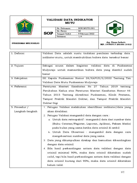 Sop validasi data indikator mutu  KELOMPOK 4 Tugas ASPAK