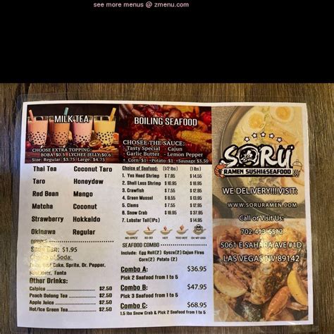 Soru ramen sushi and seafood menu  Hours: 11AM - 10PM