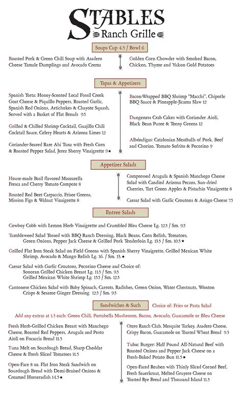 Stables ranch grille menu  Tubac