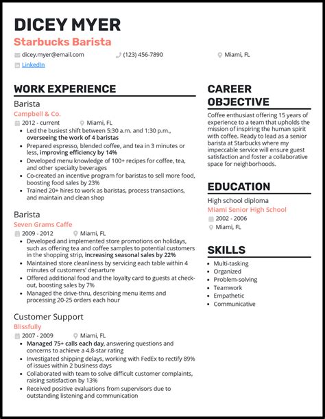 Starbucks barista resume com - - Professional Summary