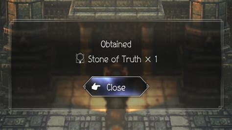 Stone of truth octopath 2  After crossing the water at the lowest level, find this chest hidden behind a waterfall east of the middle dock