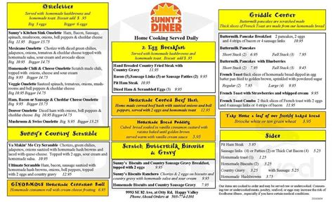 Sunny's diner happy valley menu  View more Menu Photos Contact Sunny’s Diner Happy Valley 192 photos Enjoy good rolls, corned beef and bacon at this cafe when you happen to be near it