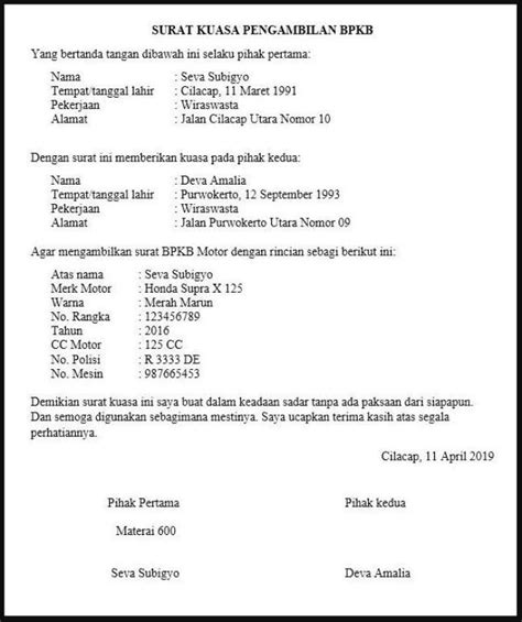 Surat kuasa pengambilan bpkb motor word  Contoh Surat Kuasa Pengambilan BPKB – Setiap kendaraan baik sepeda motor maupun mobil pasti harus memiliki surat BPKB (Buku Pemilik Kendaraan Bermotor)