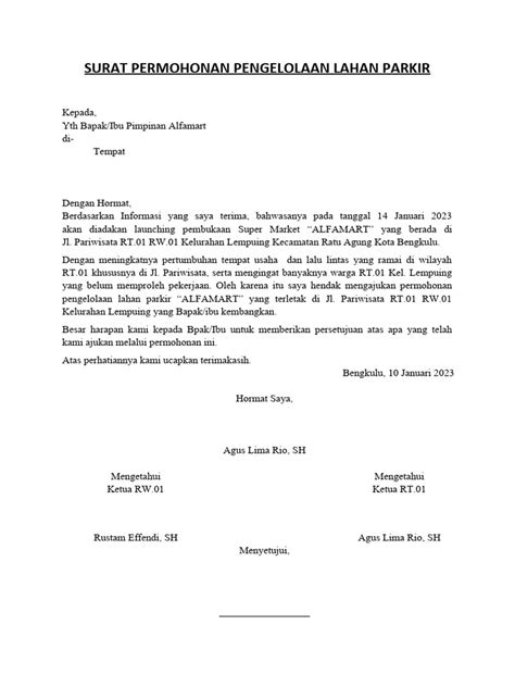 Surat permohonan pengelolaan lahan parkir  Menjamin keberlanjutan pemeliharaan dan pengelolaan prasarana,