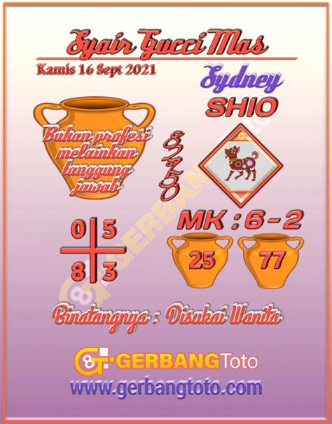 Syair gucci mas hongkong hari ini  PERAKTOTO Min Bet 100 Perak Hadiah : 4D : 1