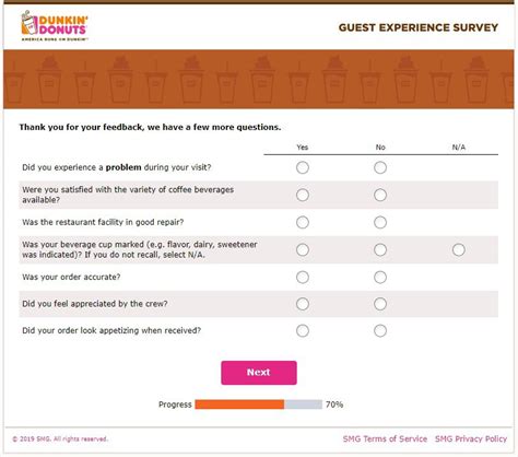 Telldunkin.com online survey  The survey questions that you must answer can be found here