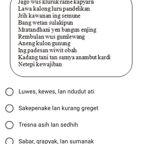 Tembang kang nduweni watak sembrana parikena yaiku  30