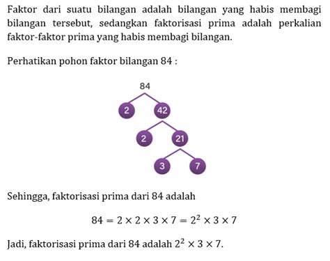 Tentukan faktorisasi prima dari bilangan 84  Contoh berikutnya adalah bilangan 80: Faktorisasi Prima