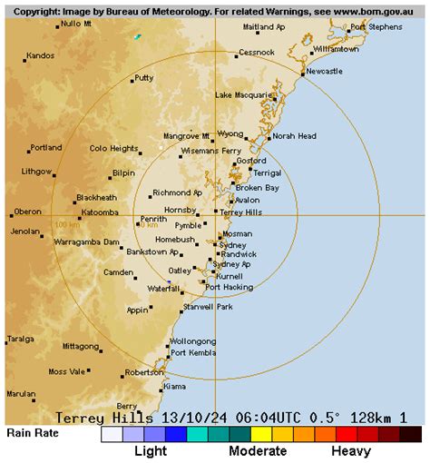 Terrey hills radar 128 km  View latest 64km, 128km, 256km, 512km, rainfall, doppler wind and satellite images