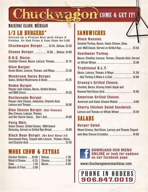 The chuckwagon menu  You can always enjoy good buffalo chicken, hamburgers and roasted sandwiches - a special offer of this restaurant