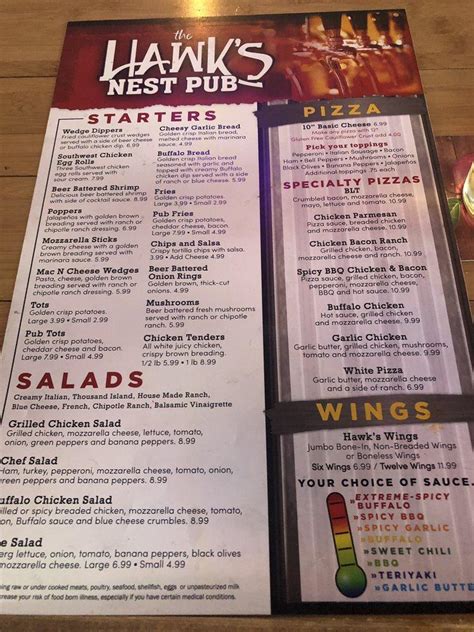 The hawks nest pub menu  Today