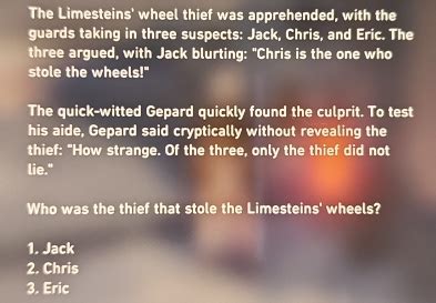 The limesteins wheel thief was apprehended  To test his aide, Gepard said cryptically without revealing the thief: “How strange