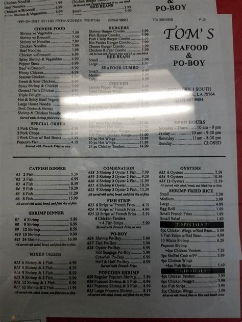 Tom's seafood menu plaquemine  Overall rating