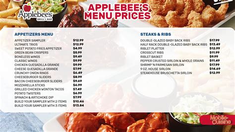 Transporte applebee's menu  It just has everything! This comes with spinach and artichoke dip, boneless wings, mozzarella sticks, and chicken quesadilla