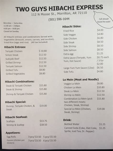 Two guys hibachi menu  You'd think that a meatless dish would be a healthy choice, but this spicy tofu steak packs 33 grams of sugar, which is equivalent to over eight teaspoons