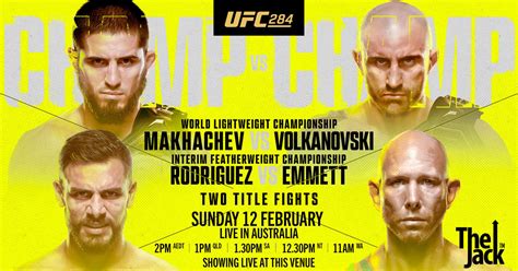 Ufc 284  Volkanovski about? When the Octagon returns to Australia on February 11, a SuperFight will be on tap for the UFC 284 main event at RAC Arena in Perth, as newly-crowned lightweight champion Islam Makhachev defends his title for the first time against the undisputed featherweight champion, Australia's own