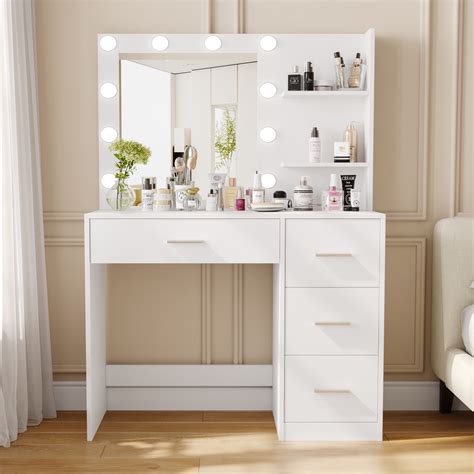 IRONCK Vanity Desk Set with LED Lighted Mirror & Power Outlet, 7 Drawers  Makeup Vanities Dressing Table with Stool, for Bedroom, White