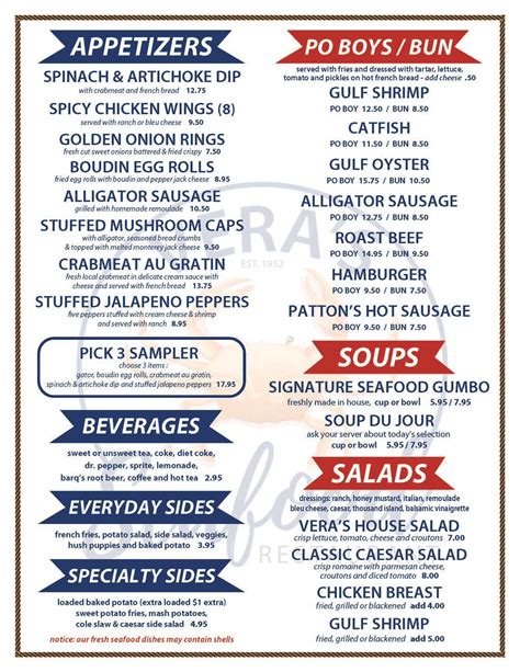 Vera’s seafood abita springs menu  Interest