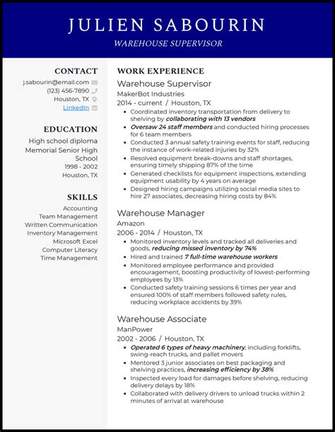 Warehouse supervisor resume examples 1