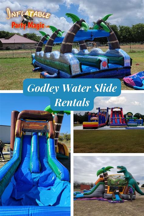 Waterslide rentals godley This HUGE inflatable water slide rental is sure to BLOW YOUR MIND! The 27' Tropical is a 27-foot tall by 65-foot long dual lane water slide that features a dramatic 90 degree drop and a slip and slide attachment that ends in a pool that holds 2-feet of water! This AMAZING inflatable water slide is a jaw-dropping, eye-catching piece that will