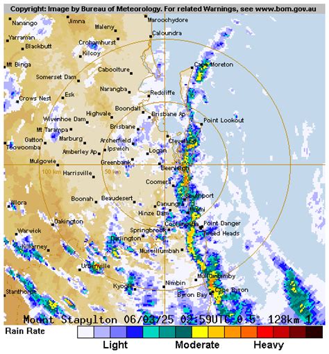 Weather radar brisbane 128km  However, there is some restriction on detection of low level precipitation in a narrow sector to the west southwest and over the Greater Brisbane Area