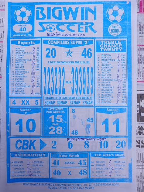 Week 40 rsk papers 2023  Welcome to Fortune Soccer we are provide you with football pools papers from RSK and other publishers such as Bob Morton, Capital International, Soccer ‘X’ Research and WinStar, Bigwin Soccer, Special Advance Fixtures, Right On Fixtures, Weekly Pools Telegraph, Pools Telegraph, Temple of Draws, Dream