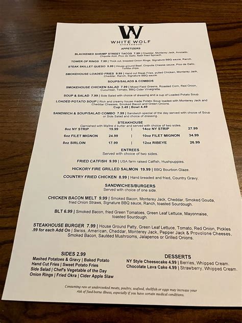 White wolf steakhouse menu Make online reservations, find open tables, view photos and restaurant information for Wolf's Steakhouse