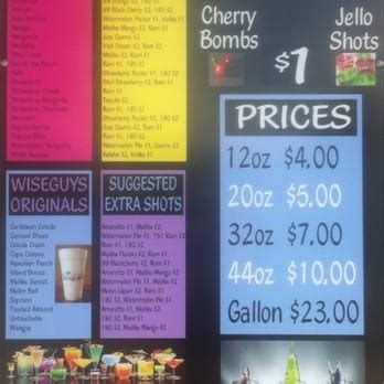 Wiseguys daiquiris menu  Whether you're looking for a quick lunch downtown, exploring the French Quarter or have a late night craving on Bourbon Street, we have something for everyone