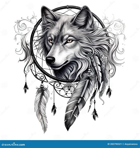 Wolf dream catchers  Vector black and white background with tribal dream catcher, howling wolf and forest landscape