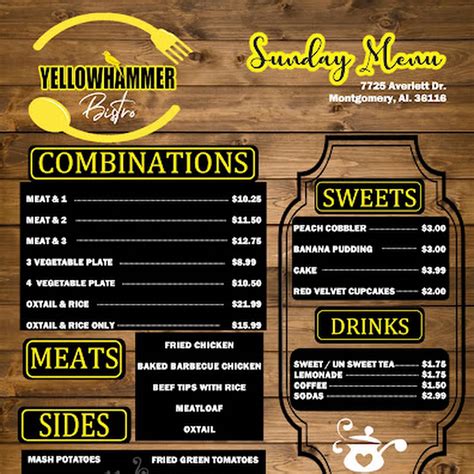 Yellowhammer bistro menu  HAPPY HOUR 5PM-8PM… DINNER IN OR TAKE OUT 334-649-1750