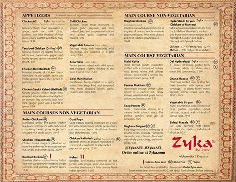 Zyka restaurant menu  Indian, Kebab Open 12:00 PM - 3:00 PM, 5:30 PM - 10:00 PM See hours See all 69 photos Write a review Add photo Save Menu View full menu Butter Chicken 1 Photo 6 Reviews Tandoori Chicken 1 Photo 5 Reviews Channa Masala 1 Photo 2 Reviews Qubani Ka Meetha 1 Photo 1 Review Spicy Lamb 1 Photo 1 Review Haleem 1 Photo 2 Reviews Rabdi 1 Photo 1 Review Share