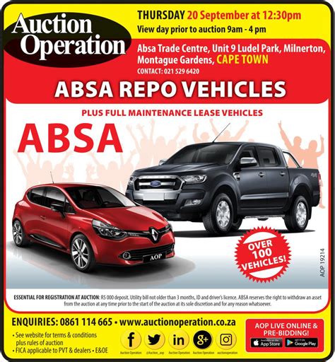 absa bank repossessed cars with prices near springs  Bidding Live Online starting on Monday 6th June, 2022 and finishing in lot number order via Webcast on Tuesday 7th June, 2022 at 10am sharp