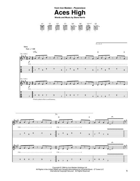 aces high tab  Aces High Guitar Pro tab - Iron Maiden Full Score About Aces High Artist: Iron Maiden Album: Powerslave Genres: Rock, Metal Composer (s): Steve Harris Lyricist (s): Steve Harris PLAY THIS TAB Other tabs arrangements of Aces High Aces High Guitars, Bass & Backing Track PREVIEW Copyright: all rights reserved © Other Iron Maiden tabs Aces High Tab by Iron Maiden - Bruce Dickinson - Choir Aahs