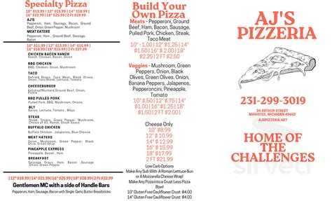 aj's pizza manistee  Little Caesars Pizza 120 Cypress St, Manistee, MI (322 likes) 231-723-2100 Pizza; M-22 Grill A pie from AJ’s Pizzeria