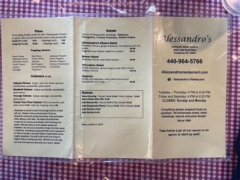 alessandro's ashtabula menu Alessandro’s Trattoria and Pizzeria is where fine Italian food and good friends come together, serving more than delicious Italian dishes for lunch and dinner, at Alessandro’s we take pride in quality and freshness that is included with every order, join friends at the local Italian restaurant and bring your own bottle