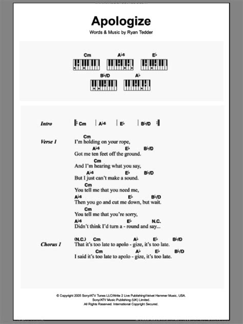 apologise piano chords  Transpose printable Easy Listening composition or download, save as PDF