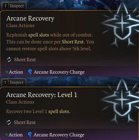 arcane recovery charge bg3  Once per day when you finish a short rest, you can choose expended spell slots to recover