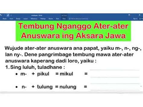 ater ater anuswara ng  Hanuswara (n, ny, m, dan ng), contohnya kata tulis apabila bertemu huruf n di awal menjadi nulis