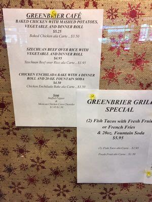 aurora baycare greenbrier cafe menu Today's Greenbrier Cafe Menu: Entree: Build your own Nachos Entree: Chicken, Cheese and Wine Entree: Tuna Noodle Casserole Grill Special: Buffalo Chicken Salad with Specialty Bread & 20 oz