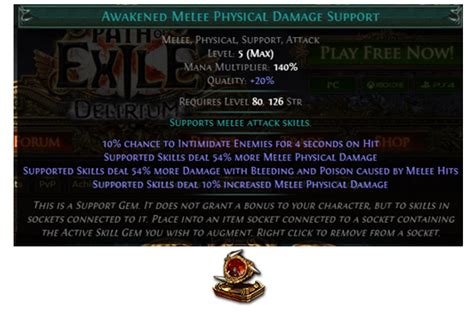 awakened melee physical damage support 25 Weapon Range: 11 Requires Level 32, 52 Str, 62 Int 22% increased Elemental Damage Socketed Gems are Supported by Level 1 Elemental