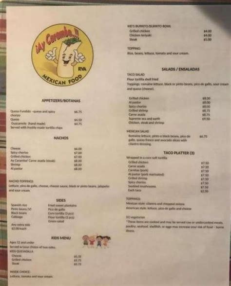 ay caramba cart rva menu  The unique characteristic of this restaurant is serving perfectly cooked fajitas, salsa & chips and roasted chicken