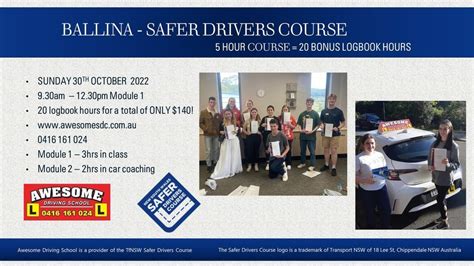 ballina safer drivers course  The Safer Driver Course for Learner Drivers will be running in Ballina, on Thursday 17th October, 2019 at the