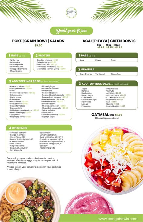 bango bowls menu We believe that eating healthier should never be a chore so we blend our Acai fresh each day, we make our own homemade granola and we use fruits that are delivered to our door fresh every morning