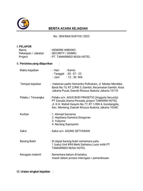 berita acara kejadian security  Skep