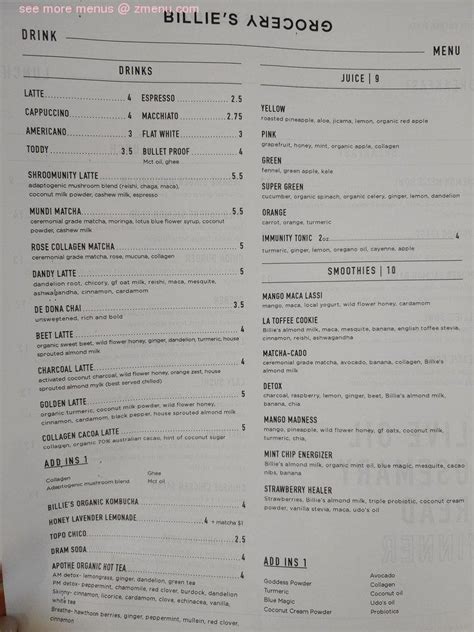 billie's grocery menu 