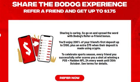 bodog refer a friend  Earn up to $100 cash for each friend you refer to Bovada Sportsbook, Casino and Poker Room! After your friends sign-up and deposit a minimum of US$20, you’ll earn 20% of their first deposit (up to a maximum bonus of US$100)! Click Here to Join Bovada and make some easy cash for football season